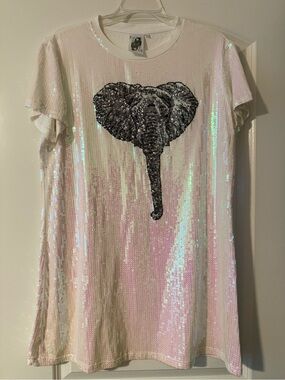 Queen of Sparkles Sequin Elephant Tee Dress - White Iridescent